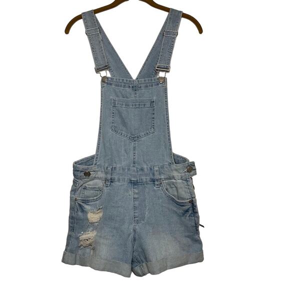 Jean Overall Shorts Juniors 3 Ladies Denim One piece Romper Blue Distressed - Picture 1 of 15